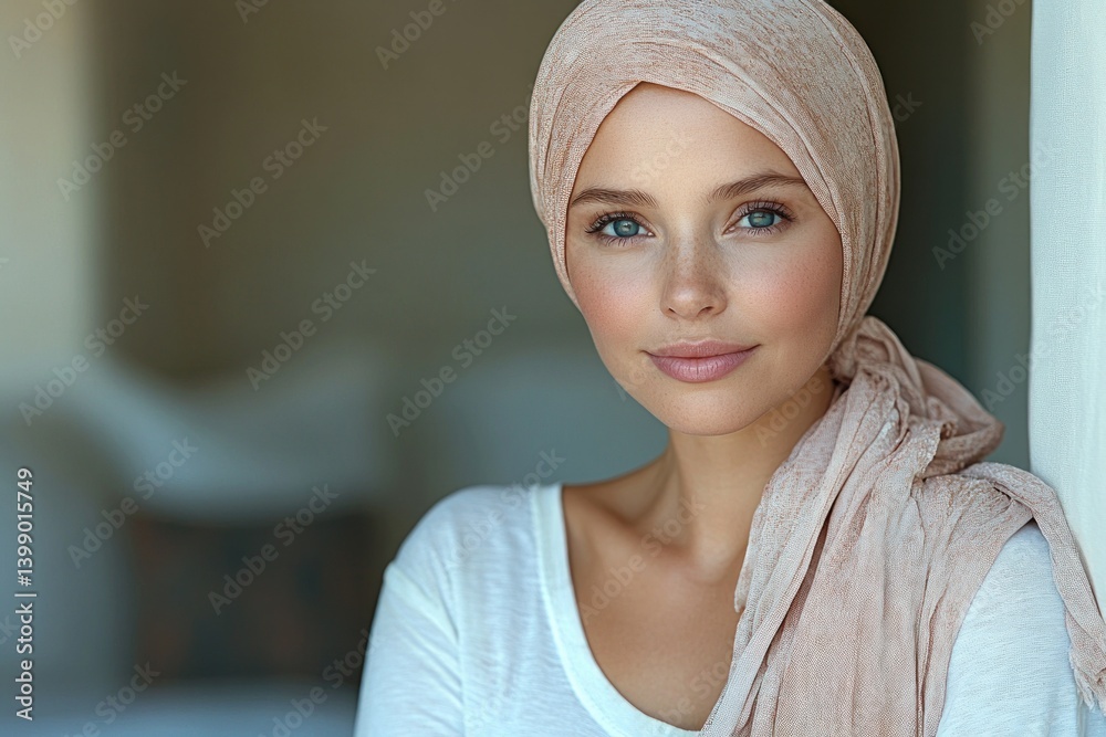 Cancer Survivor Woman with Headscarf in Serene Home Setting
