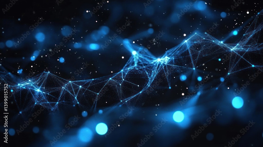 Abstract Digital Network Geometrical Background with Lines Dots and Energy in Neon Blue Color Scheme