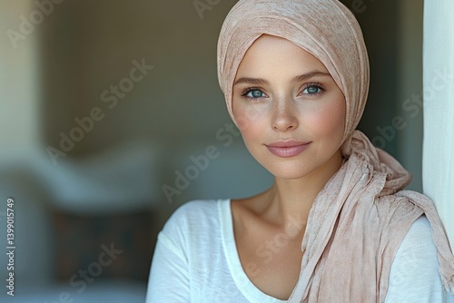 Obraz na płótnie Cancer Survivor Woman with Headscarf in Serene Home Setting w salonie