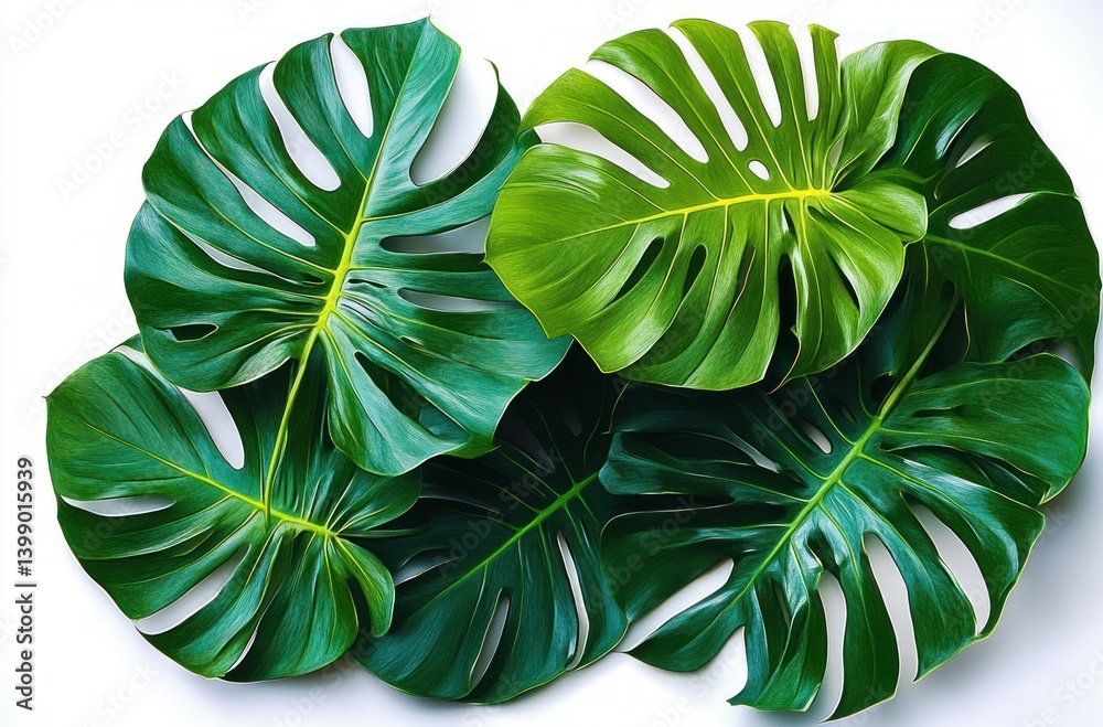 Photorealistic Monstera Leaves Isolated on White Background Tropical Foliage Botanical Illustration