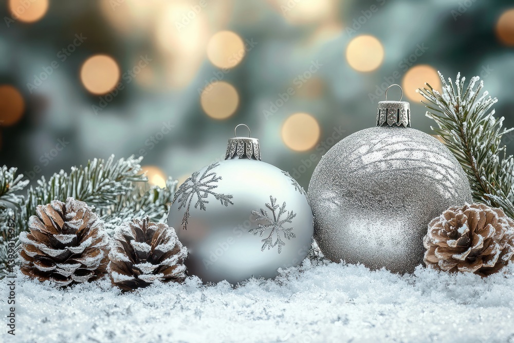 Sparkling Christmas Winter Wonderland Scene with Silver Ornaments Pine Cones and Bokeh Lights