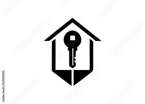 Secure Key to Shelter: A minimalist monochrome depiction of a house encompassing a key, symbolizing property ownership and secure living.