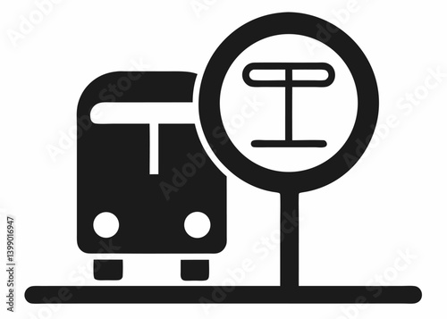 Bus Stop Icon: A minimalist illustration of a bus and a bus stop sign, symbolizing urban transportation and public transit.