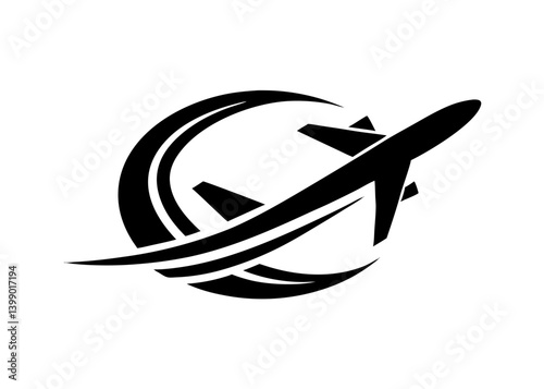 Soaring Flight Symbol: A sleek silhouette of an airplane soars through a dynamic swirl, evoking the essence of travel and aviation. This symbolic image represents flight, journey and aspiration