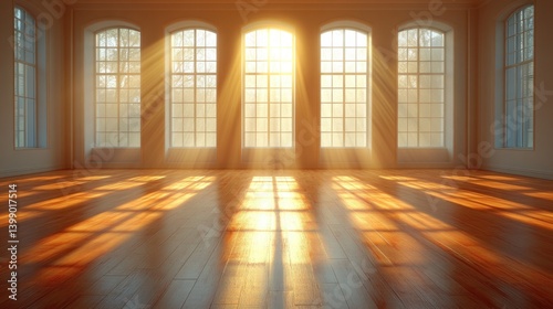 Modern Dance Studio Interior with Warm Natural Light and Polished Wooden Floor