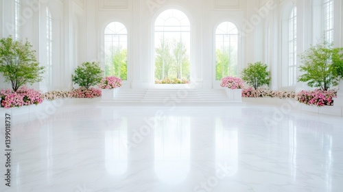 Obraz na płótnie Elegant white hall with large arched windows and lush green plants, bright natural light illuminating the spacious interior, and serene and minimalist design. w salonie