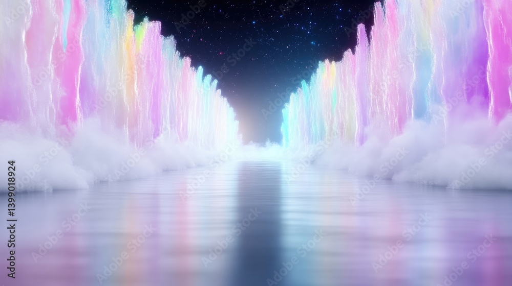 A vibrant, glowing path through a magical, pastel-colored fountain. A surreal, ethereal walkway
