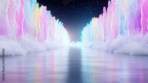 Obraz na płótnie A vibrant, glowing path through a magical, pastel-colored fountain. A surreal, ethereal walkway w salonie