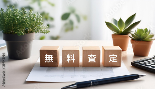 日本語で無料査定の文字が入ったキューブブロックと観葉植物。AIで生成	
