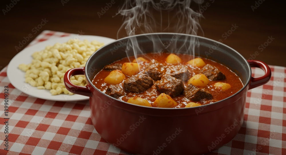 Fototapeta premium Hearty beef stew with tender potatoes and noodles, a comforting meal steaming