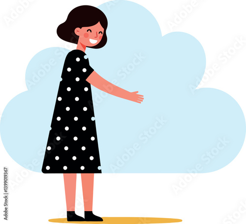 A cheerful girl in a polka dot dress reaching out towards a fluffy cloud in flat vector art