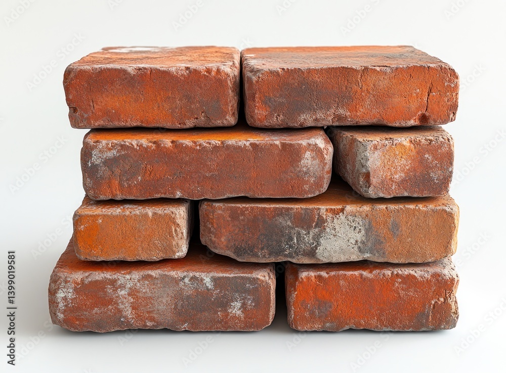 Stack of red bricks with a rough textured surface on a white minimalist background Stack of red bricks with a rough textured surface on a white minimalist background