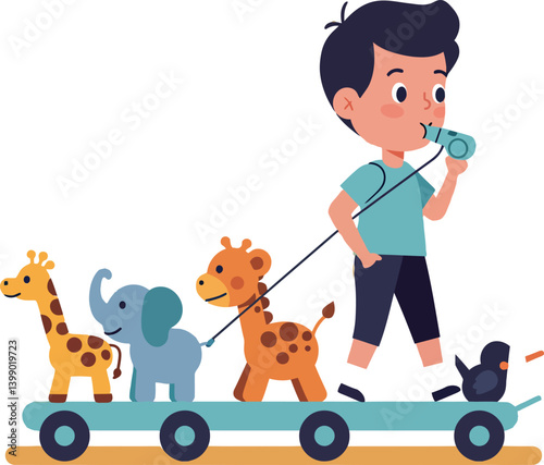 A cheerful boy guiding a colorful toy train with playful animal figures in flat vector art