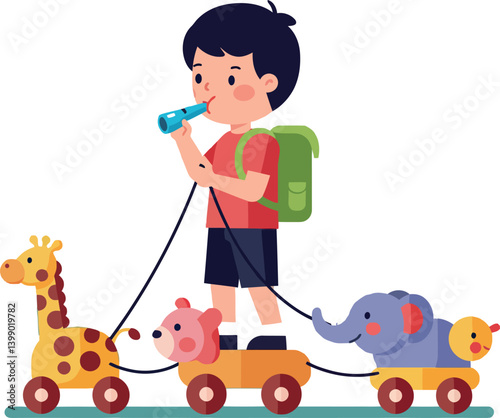 A cheerful boy pulling a toy train with colorful animals in a flat vector illustration