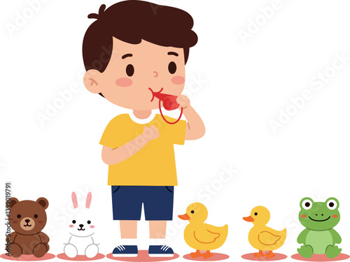 Young boy happily eating candy with colorful toy animals in minimal vector illustration