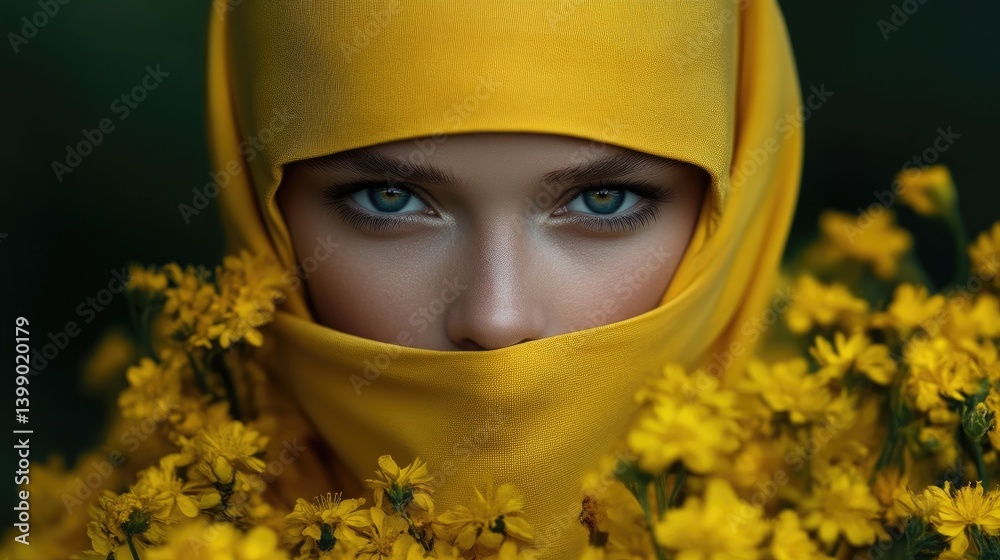 Close-up portrait of a woman with bright eyes, veiled in vibrant yellow fabric, surrounded by yellow wildflowers