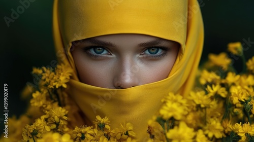 Obraz na płótnie Close-up portrait of a woman with bright eyes, veiled in vibrant yellow fabric, surrounded by yellow wildflowers w salonie
