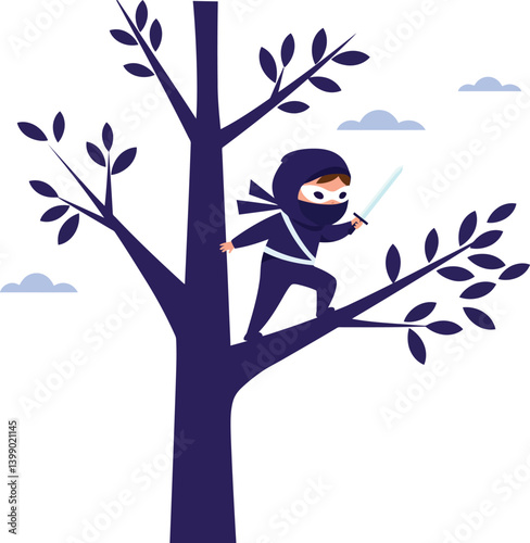 A young ninja in a black outfit perched on a tree branch in flat vector illustration