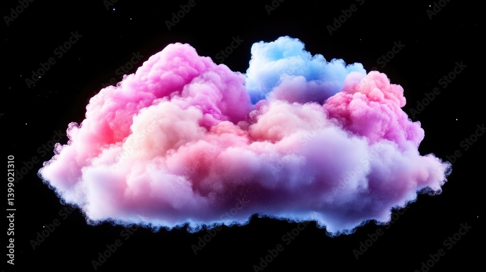 Vibrant, multicolored cloud formation against a black background. Soft, fluffy, and ethereal appearance