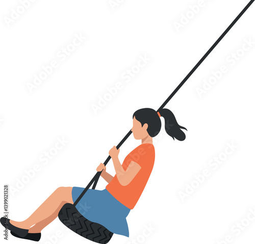 Girl swinging joyfully on a tire swing in a playful flat vector illustration