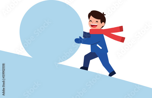 Child smiling while pushing a large snowball uphill in a minimal flat vector illustration