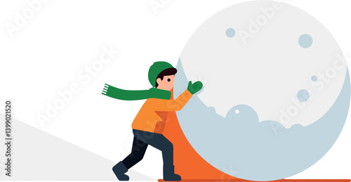 Child in orange jacket joyfully pushing a large snowball on a snowy slope in flat vector art