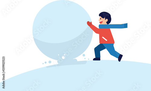 A cheerful boy rolling a large snowball on a snowy hill in flat vector art