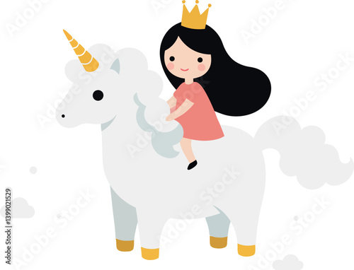A young girl in a crown riding a whimsical unicorn in flat vector art