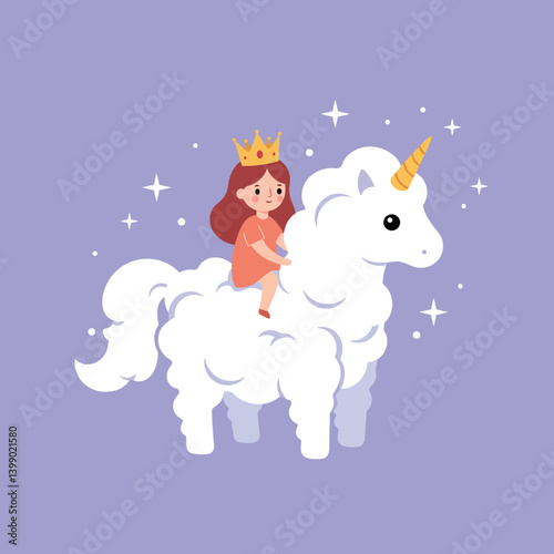 A little girl wearing a crown riding a fluffy white unicorn in flat vector art