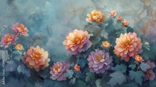 Wallpaper Mural Watercolor Floral Painting Featuring Peach And Pink Peonies In Bloom With Green Foliage And Soft Blue Background Torontodigital.ca