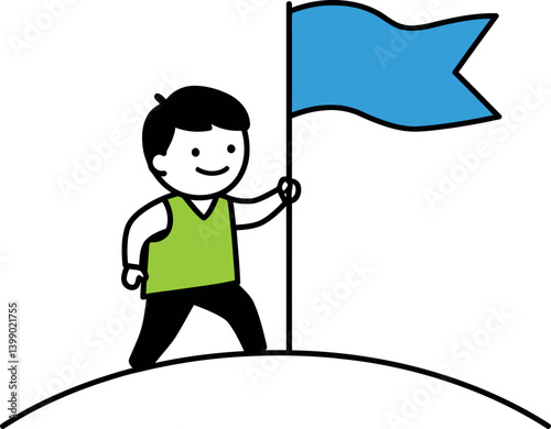 A cheerful boy standing on a hilltop holding a blue flag in a minimal vector illustration