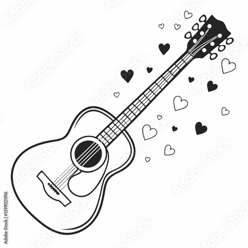 Acoustic Guitar with Hearts Vector Illustration - Black and White Line Art