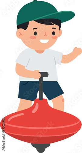 A cheerful boy in a green cap playing with a spinning top in a flat vector illustration
