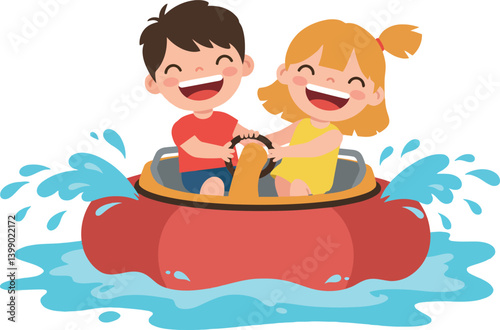 Two joyful children splashing water in a red inflatable boat, flat vector illustration