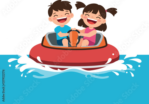Two children enjoying a fun ride in a red bumper boat on a bright blue water surface vector illustration