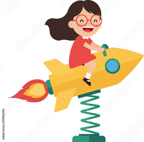 A cheerful girl riding a yellow rocket on a spring-mounted base in flat vector art