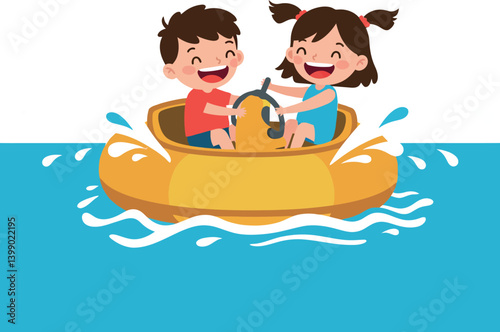 Two joyful children paddling in a yellow boat on blue water in flat vector illustration