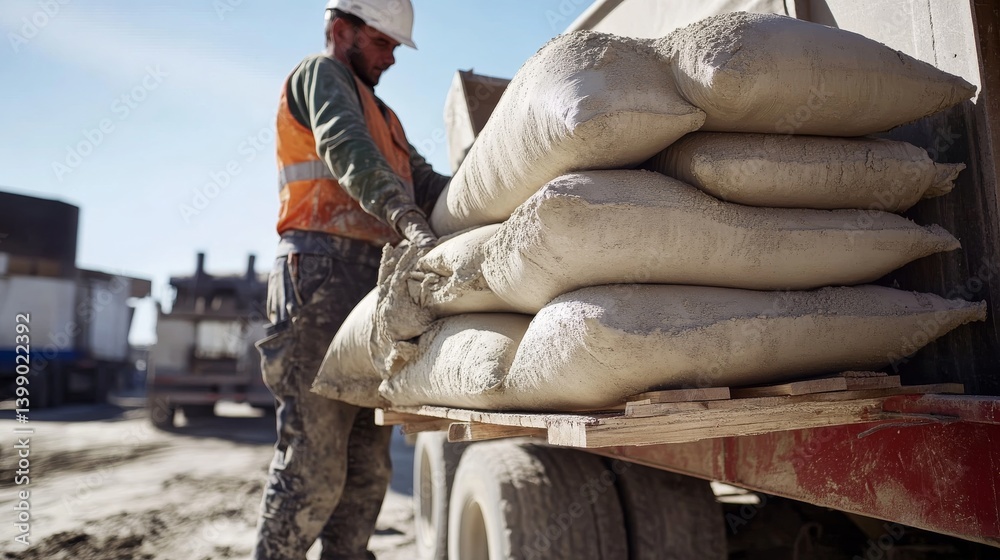 A construction site laborer unloading cement bags from a truck. Featuring strength and efficiency