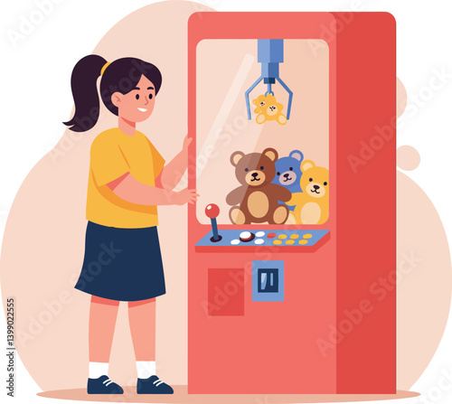A young girl playing with a toy claw machine in a vibrant flat vector illustration
