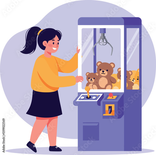 Happy girl interacting with a colorful claw machine in a playful environment, flat vector art