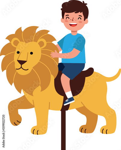 A cheerful boy riding a friendly lion in a playful flat vector illustration