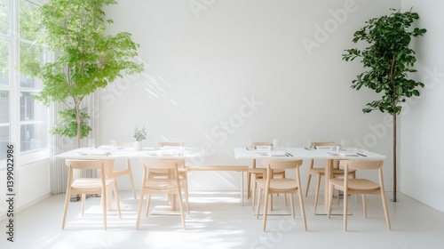 Light-filled, minimalist dining room