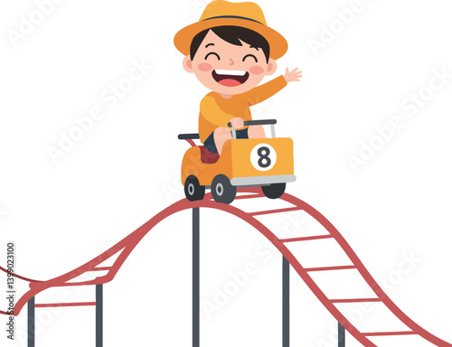 Young boy joyfully riding a toy car on a small roller coaster in flat vector art
