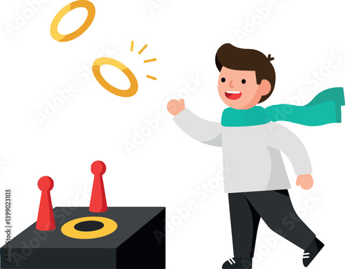 A joyful boy wearing a scarf throws rings at targets in a playful flat vector illustration