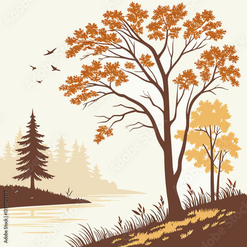 Scenic Autumn Landscape Vector Illustration Silhouette Trees Birds River Fall Foliage
