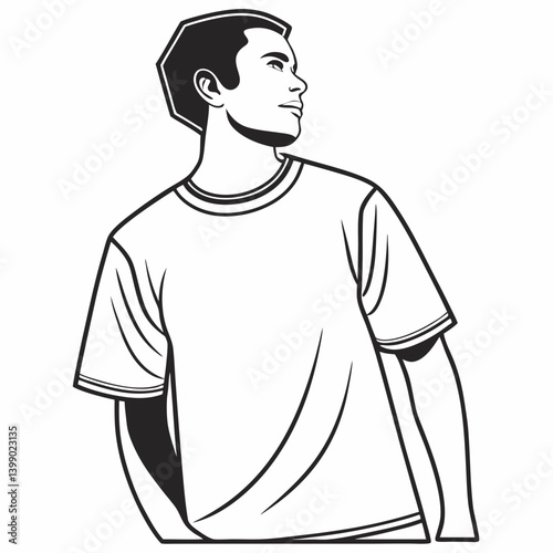 Man White T-Shirt Vector Illustration Black and White Line Art Casual Simple Clean Graphic Design Male Fashion Style