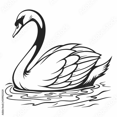 Black and White Swan Vector Illustration Line Art Elegant Graceful Bird Swimming in Water