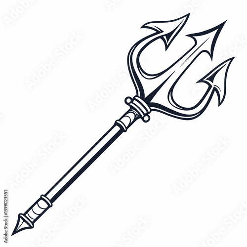 Black and White Detailed Trident Vector Drawing Poseidon Icon