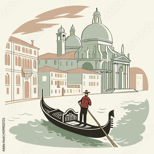 Vintage Venice Gondola Illustration Scenic Grand Canal with Church and Buildings Retro Italian Travel Art