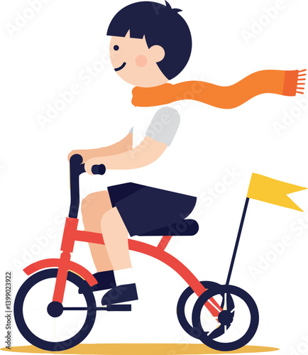 A cheerful boy riding a red bicycle with a yellow flag in a flat vector illustration